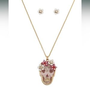 Betsey Johnson Floral Skull Pendant Necklace & Flower Stud Earrings Set